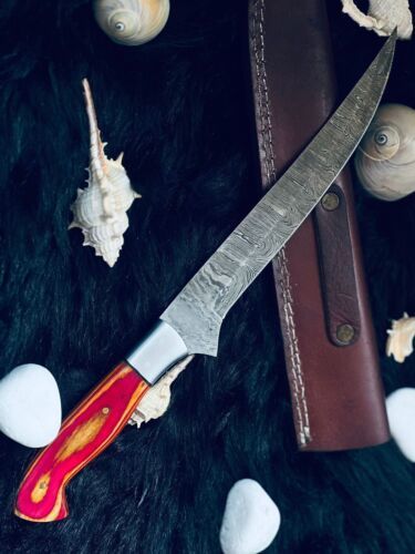 Heritage Forge 12 Inch Twist Damascus Brisket Fillet Knife with Camel Bone and Wood Handle