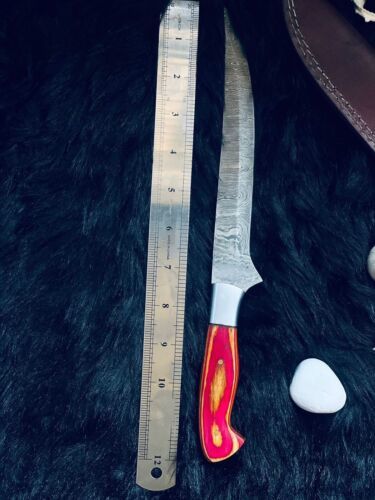 Heritage Forge 12 Inch Twist Damascus Brisket Fillet Knife with Camel Bone and Wood Handle