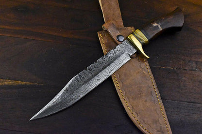 14.5" Damascus Bowie Knife with Walnut Wood Handle & Brass Guard