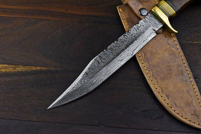 14.5" Damascus Bowie Knife with Walnut Wood Handle & Brass Guard