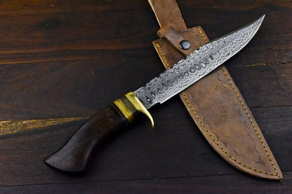 14.5" Damascus Bowie Knife with Walnut Wood Handle & Brass Guard
