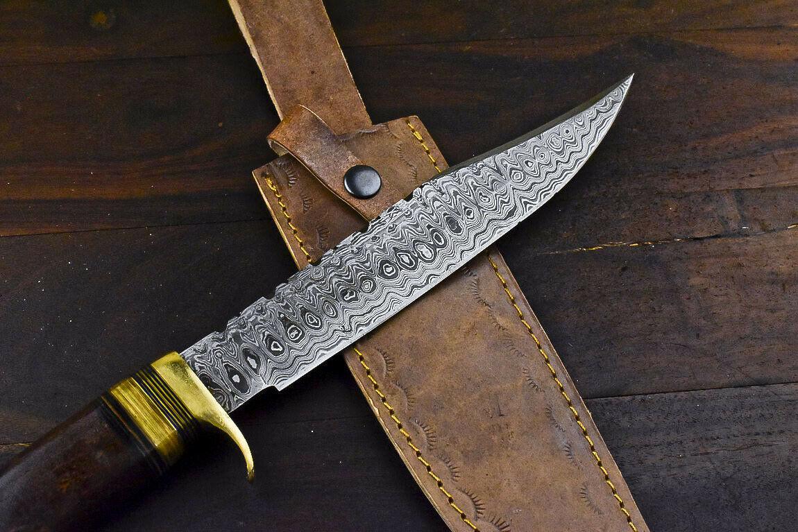 14.5" Damascus Bowie Knife with Walnut Wood Handle & Brass Guard