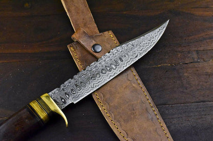 14.5" Damascus Bowie Knife with Walnut Wood Handle & Brass Guard