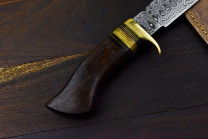 14.5" Damascus Bowie Knife with Walnut Wood Handle & Brass Guard