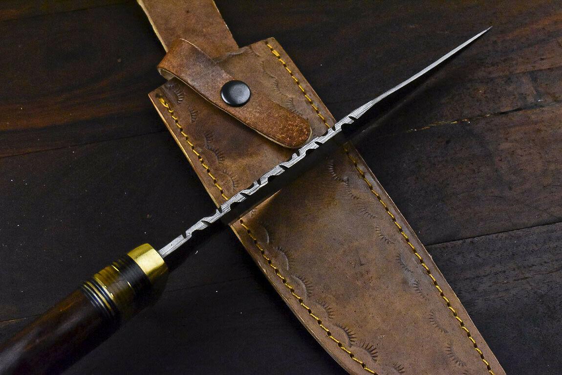 14.5" Damascus Bowie Knife with Walnut Wood Handle & Brass Guard