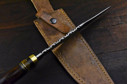 14.5" Damascus Bowie Knife with Walnut Wood Handle & Brass Guard