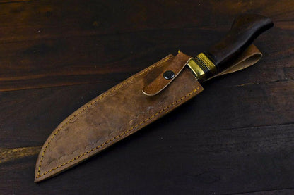 14.5" Damascus Bowie Knife with Walnut Wood Handle & Brass Guard