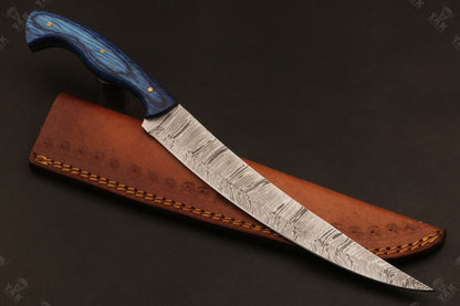 13" Hand Forged Damascus Fillet Knife Fire Fillet Knife with Leather Sheath