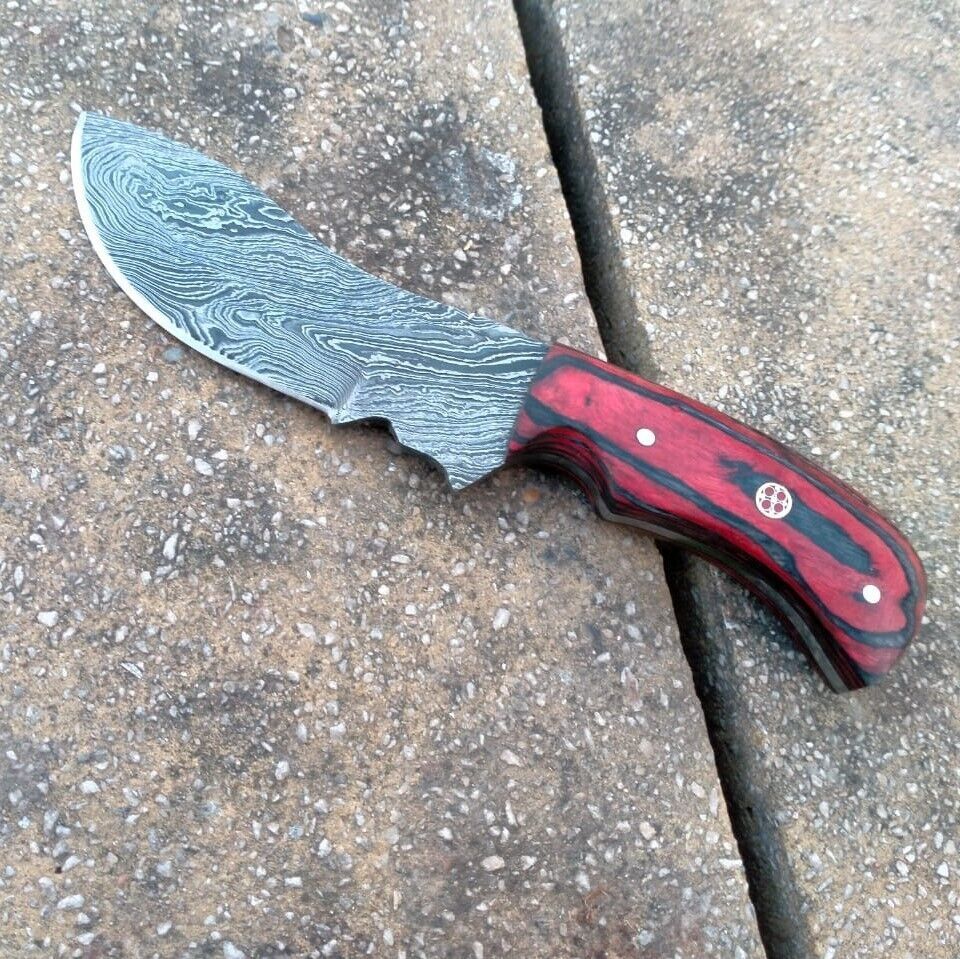 Custom Handmade Damascus Hunting Tracker Knife | Wood Handle with Leather Sheath