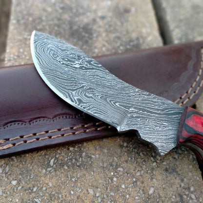 Custom Handmade Damascus Hunting Tracker Knife | Wood Handle with Leather Sheath