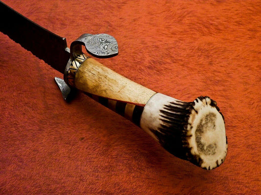Titan 15 Inch Damascus Hunting Bowie Knife | Stag & Wood Handle