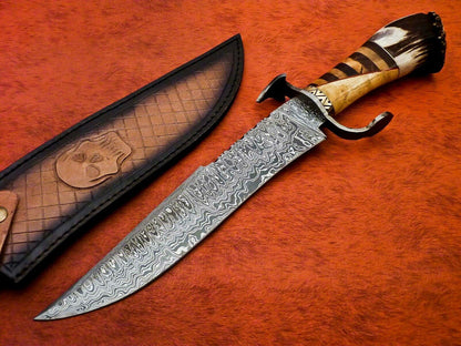 Titan 15 Inch Damascus Hunting Bowie Knife | Stag & Wood Handle