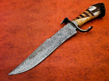 Titan 15 Inch Damascus Hunting Bowie Knife | Stag & Wood Handle