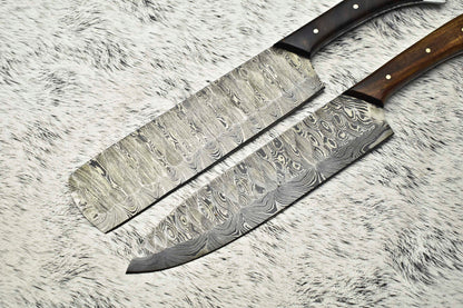 Lot of 2 Handmade Damascus Steel Full Tang Chef Knives Set – Premium Kitchen Knives