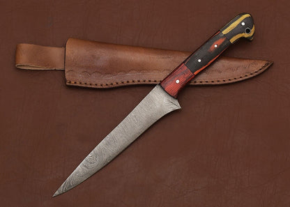 Custom Damascus Steel Hunting & Chef Fillet Knife 8" Blade Pakka Wood Handle Sheath