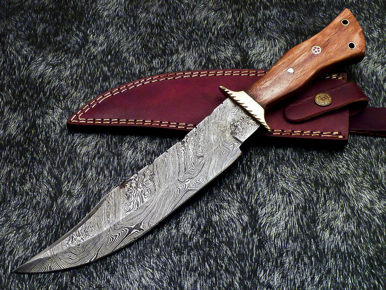 Authentic Hand Forged Damascus 14" Bowie Hunting Knife | Natural Wood Handle