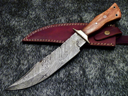 Authentic Hand Forged Damascus 14" Bowie Hunting Knife | Natural Wood Handle