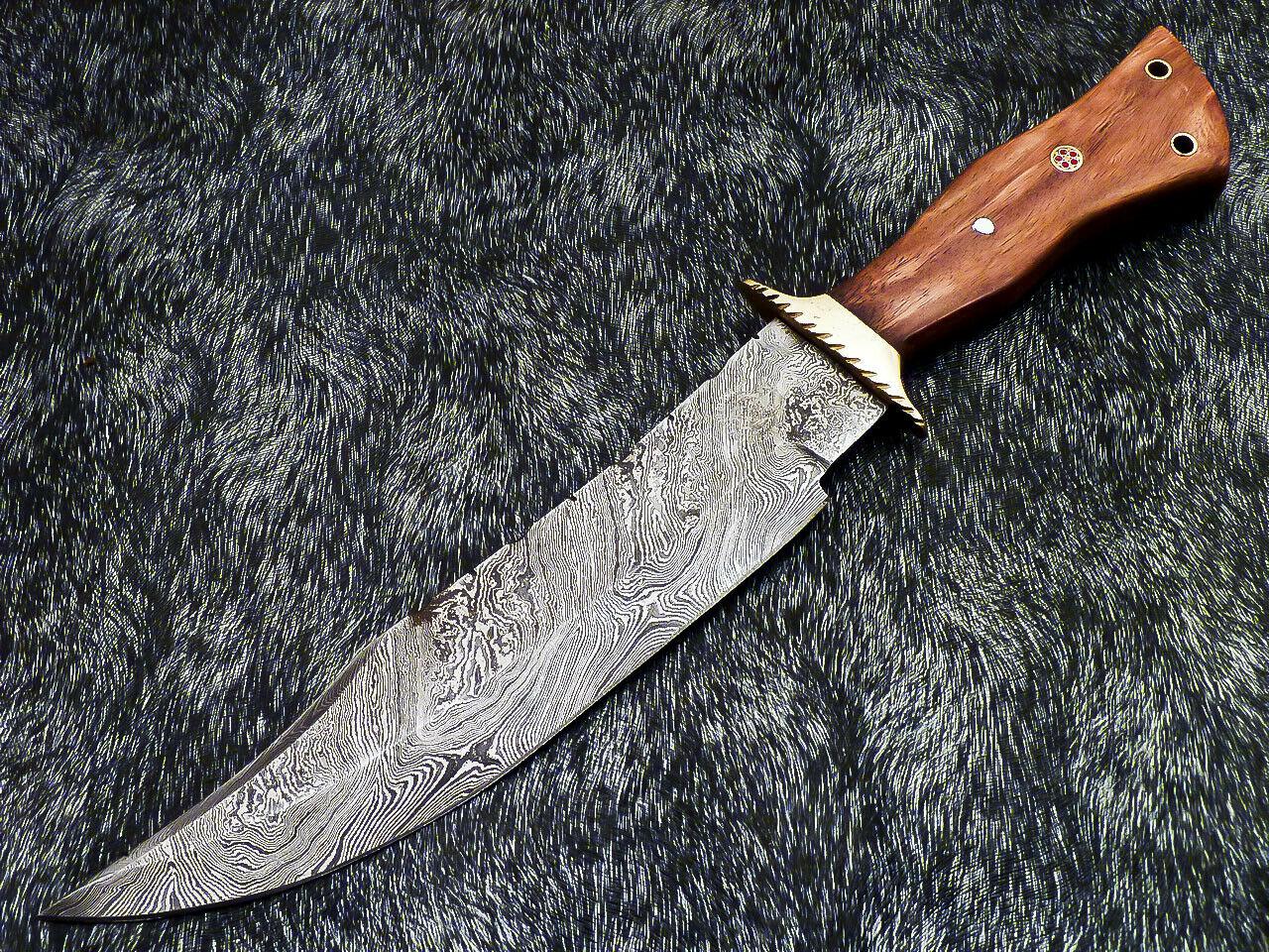 Authentic Hand Forged Damascus 14" Bowie Hunting Knife | Natural Wood Handle