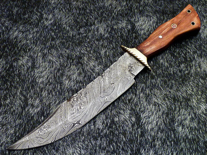 Authentic Hand Forged Damascus 14" Bowie Hunting Knife | Natural Wood Handle