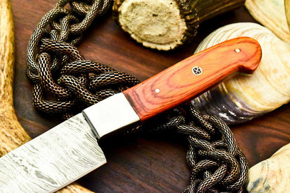 Custom Handmade Damascus Steel Chef Hunting Knife with Hardwood Handle – 9.5" Overall
