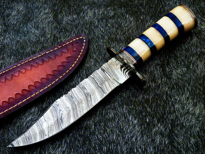 12 Inch Handmade Damascus Steel Bowie Knife with Camel Bone Handle