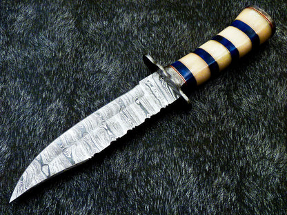 12 Inch Handmade Damascus Steel Bowie Knife with Camel Bone Handle
