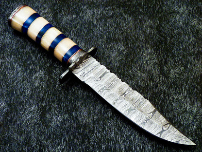 12 Inch Handmade Damascus Steel Bowie Knife with Camel Bone Handle