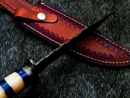 12 Inch Handmade Damascus Steel Bowie Knife with Camel Bone Handle