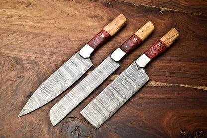 Custom Lot Of 3 Handmade Damascus Steel Blade Chef Set Knife