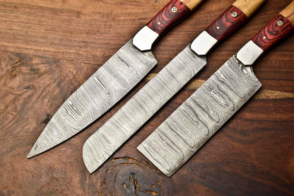 Custom Lot Of 3 Handmade Damascus Steel Blade Chef Set Knife