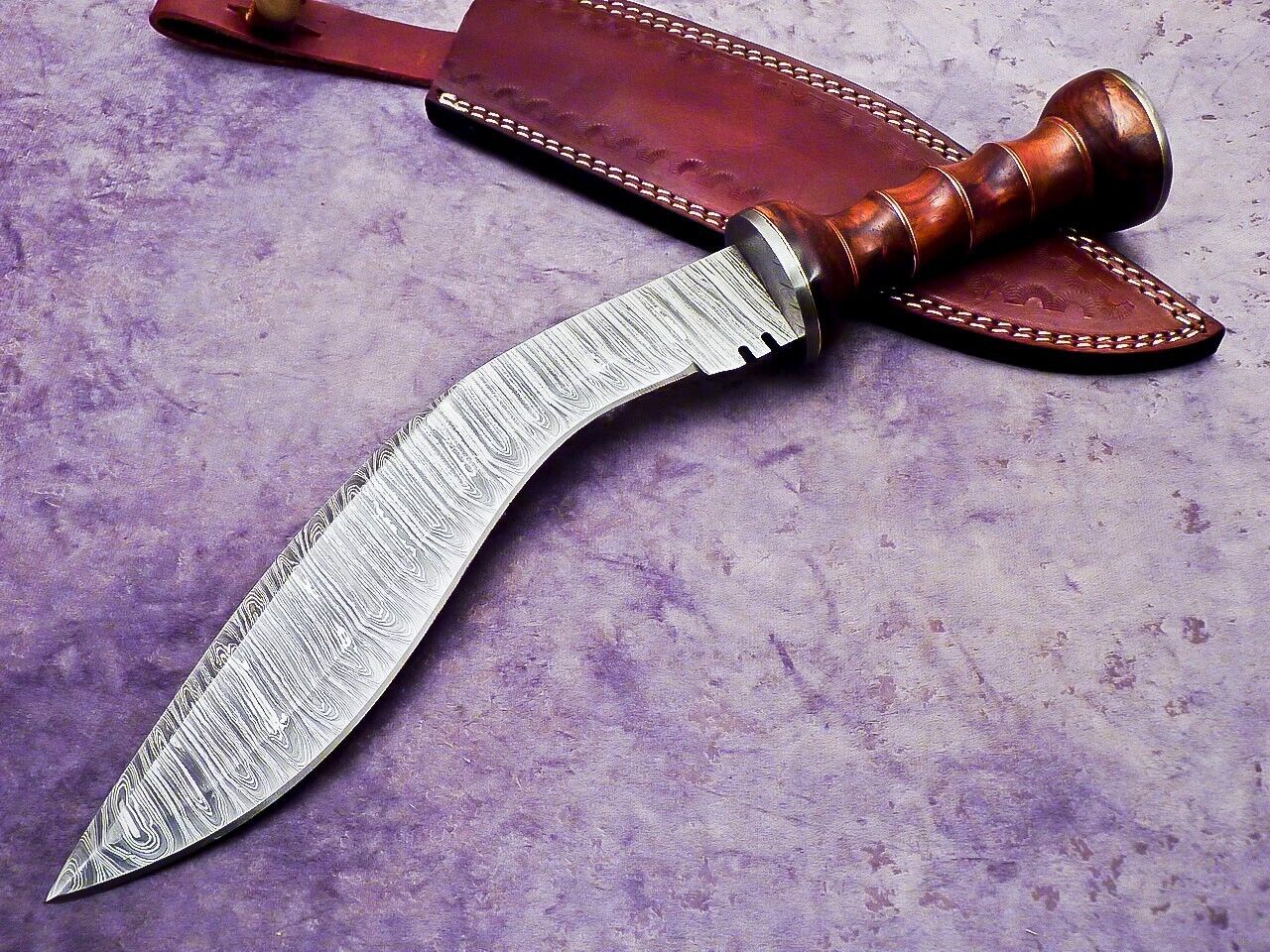 14.5" Handmade Damascus Kukri Bowie Knife with Natural Wood Handle Hunting Blade