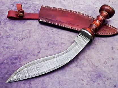 14.5" Handmade Damascus Kukri Bowie Knife with Natural Wood Handle Hunting Blade