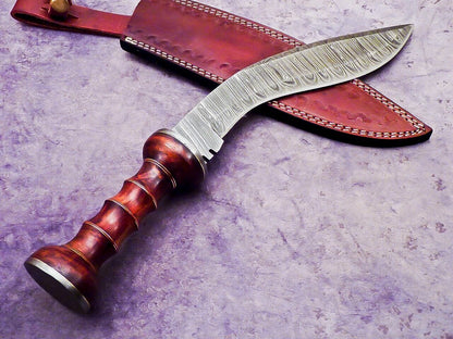 14.5" Handmade Damascus Kukri Bowie Knife with Natural Wood Handle Hunting Blade