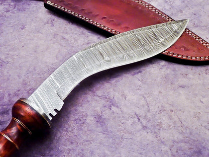 14.5" Handmade Damascus Kukri Bowie Knife with Natural Wood Handle Hunting Blade