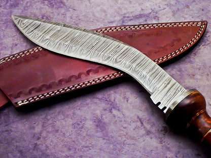 14.5" Handmade Damascus Kukri Bowie Knife with Natural Wood Handle Hunting Blade