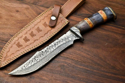 13" Custom Damascus Bowie Knife – Camel Bone Handle