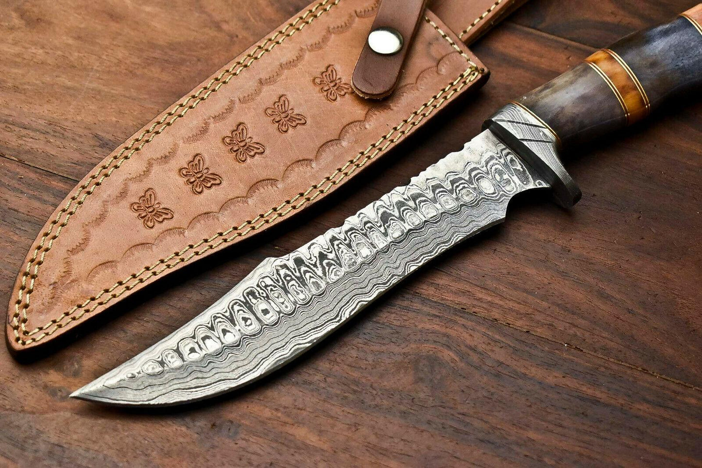 13" Custom Damascus Bowie Knife – Camel Bone Handle