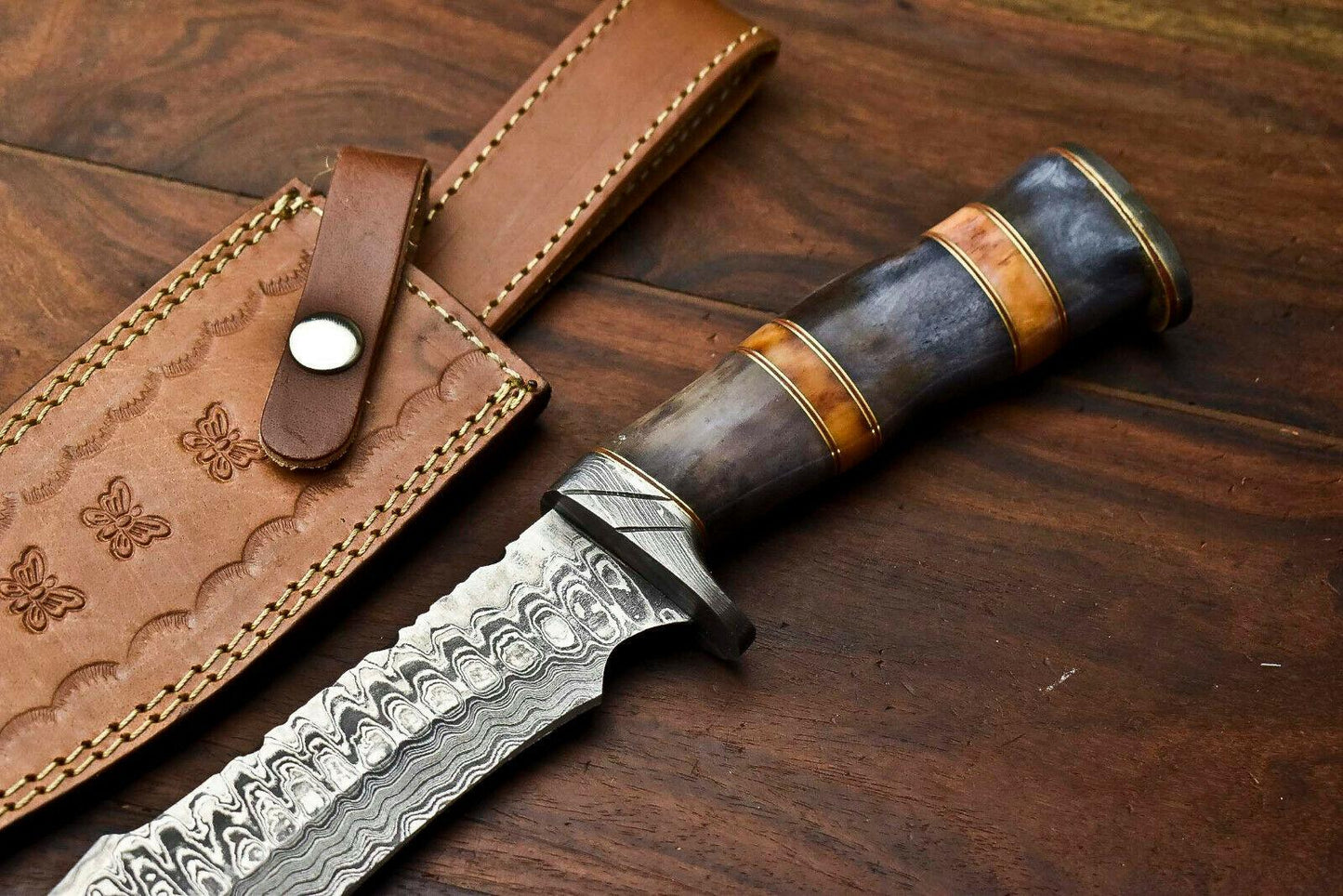 13" Custom Damascus Bowie Knife – Camel Bone Handle