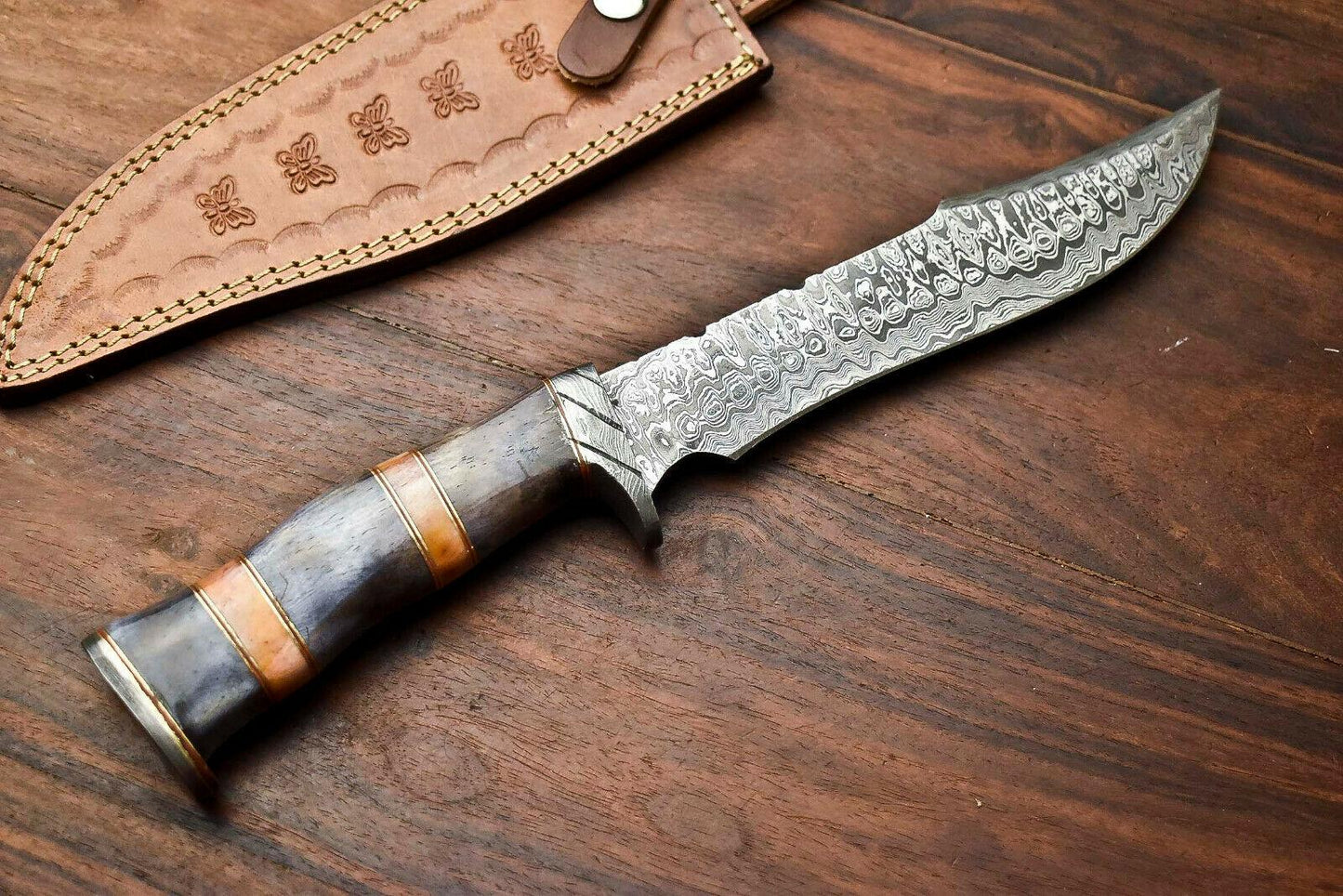 13" Custom Damascus Bowie Knife – Camel Bone Handle