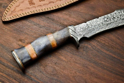 13" Custom Damascus Bowie Knife – Camel Bone Handle