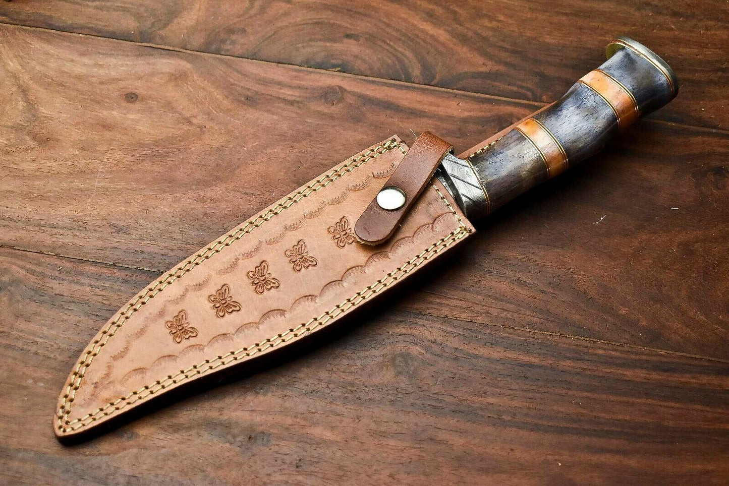 13" Custom Damascus Bowie Knife – Camel Bone Handle