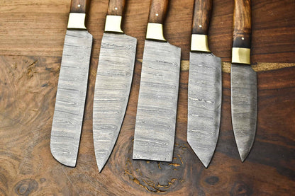Premium Lot of 5 Handcrafted Hammered Damascus Steel Chef Knives Set