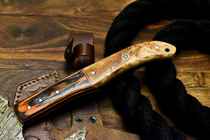 Handmade Damascus Steel Olive Wood Hunting Clever Chopper Axe Knife with Leather Sheath
