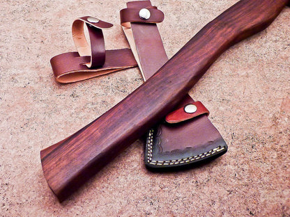 Custom Handmade Damascus Steel Viking Bearded Camping Hatchet Tomahawk Axe with Natural Wood Handle and Leather Sheath