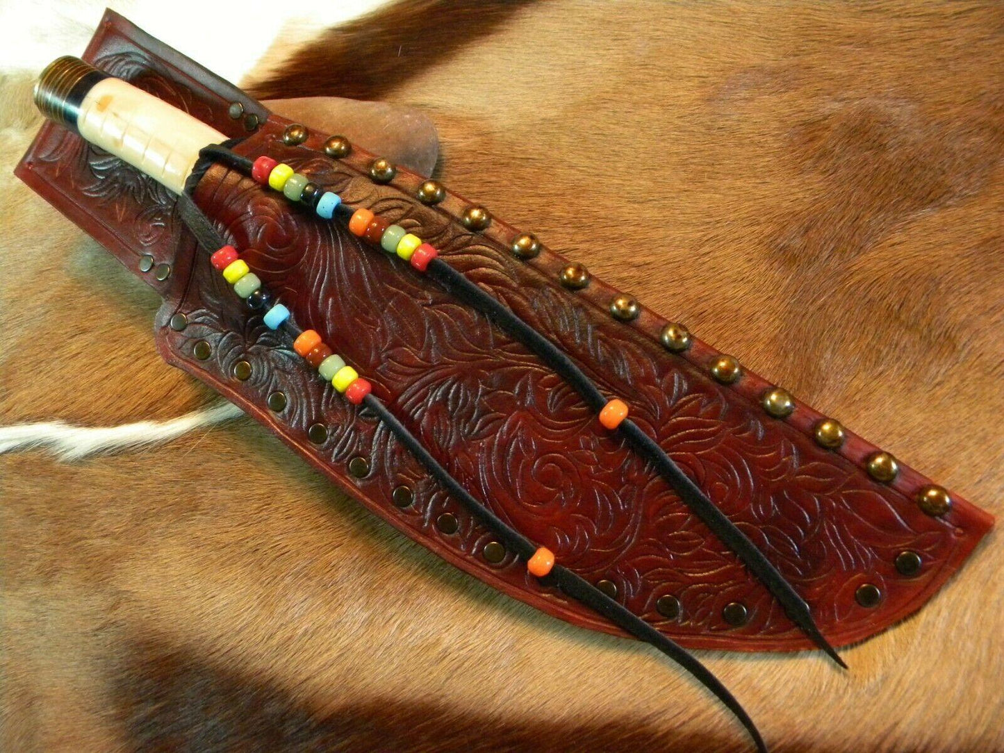 Mountain Man Damascus Bowie Knife | Bone Handle & Handmade Leather Sheath