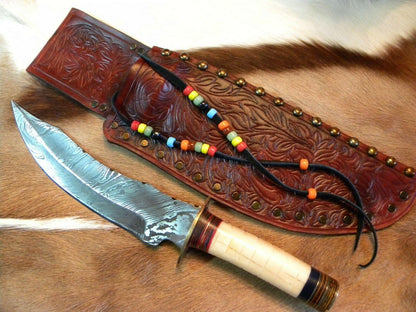 Mountain Man Damascus Bowie Knife | Bone Handle & Handmade Leather Sheath
