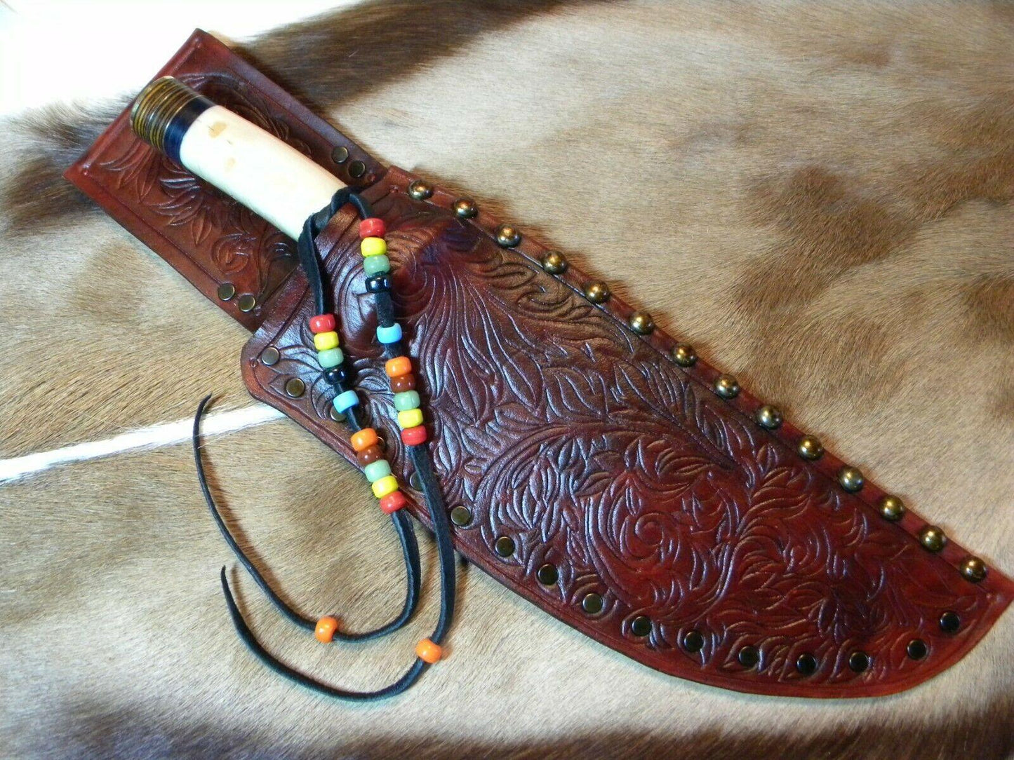 Mountain Man Damascus Bowie Knife | Bone Handle & Handmade Leather Sheath