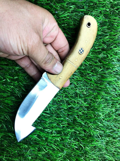 8"  Stainless Steel Skinner Hunting Knife with Wood Handle & Leather Sheath