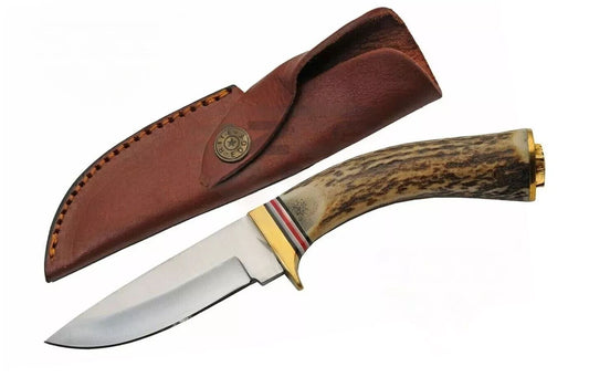 8.5″ Stainless Steel Skinner Knife – Stag Handle with Leather Sheath, Full Tang Sharp Blade