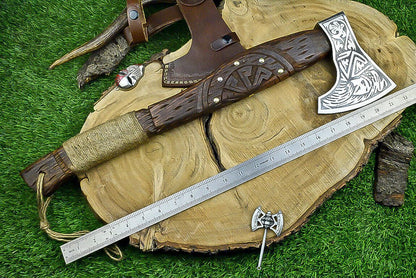 Handcrafted Viking Tomahawk Axe – J2 Steel Blade with Natural Wood Handle and Leather Sheath, 22 Inch